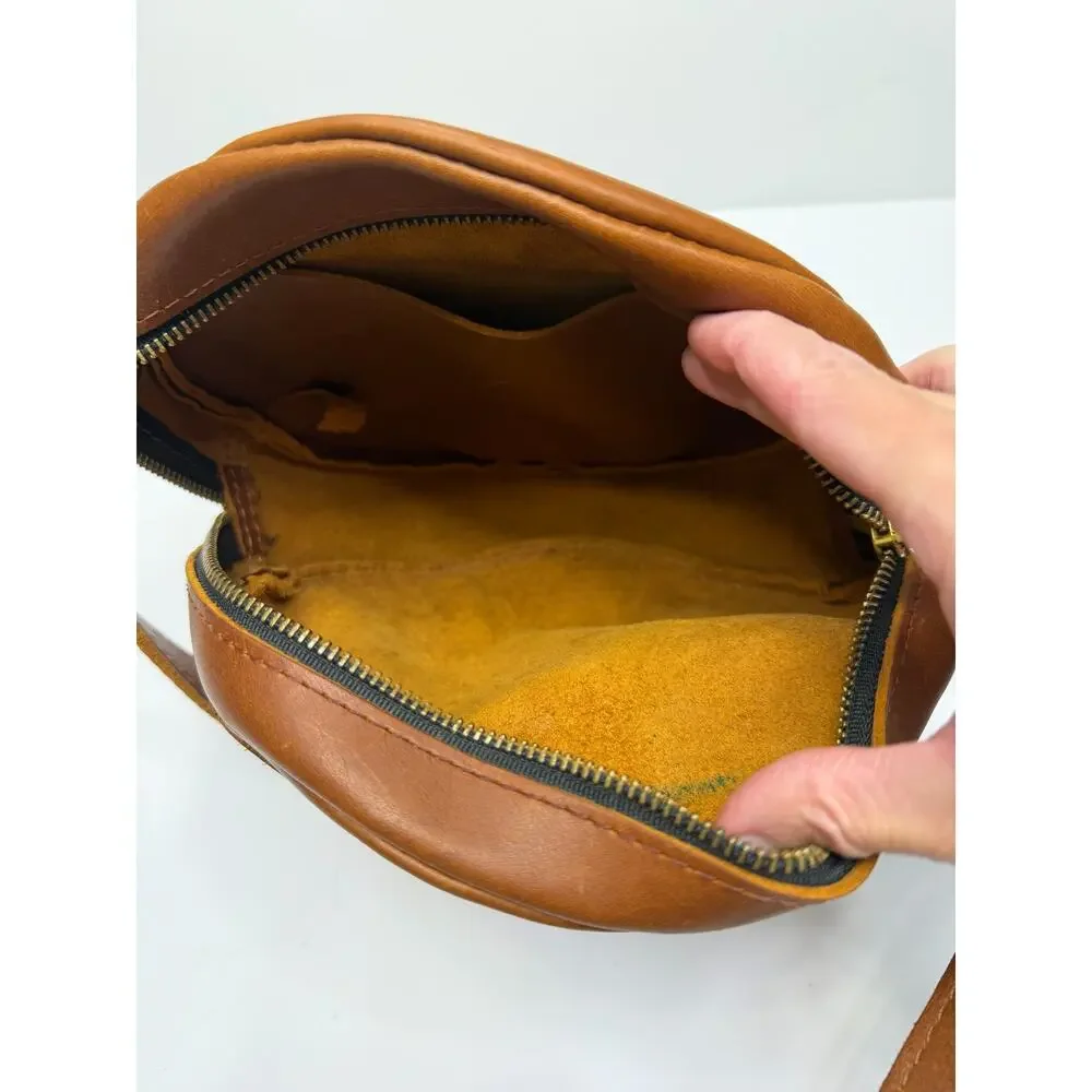 Portland Leather Brown Round Crossbody Bag Shoulderbag Purse W/Adjustable Strap